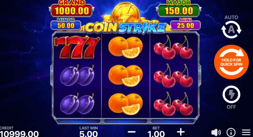 Coin Strike slot theme – stormy blue backdrop with fruit symbols and lightning effects